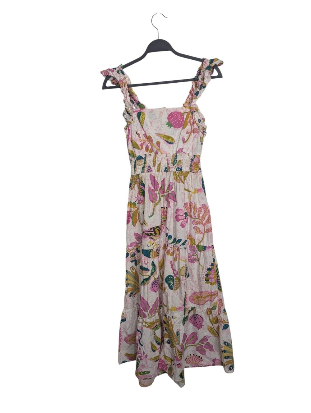 Banjanan Harriet Spring Peacock Crocodile Floral Ruffle Midi Dress Size Large - Picture 2 of 10